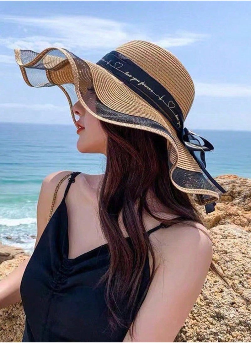 SHEIN Polyester Wide Brim Sun Hat For Women, Casual Beach Straw Hat With Bowknot & Letter Decor - Image 1